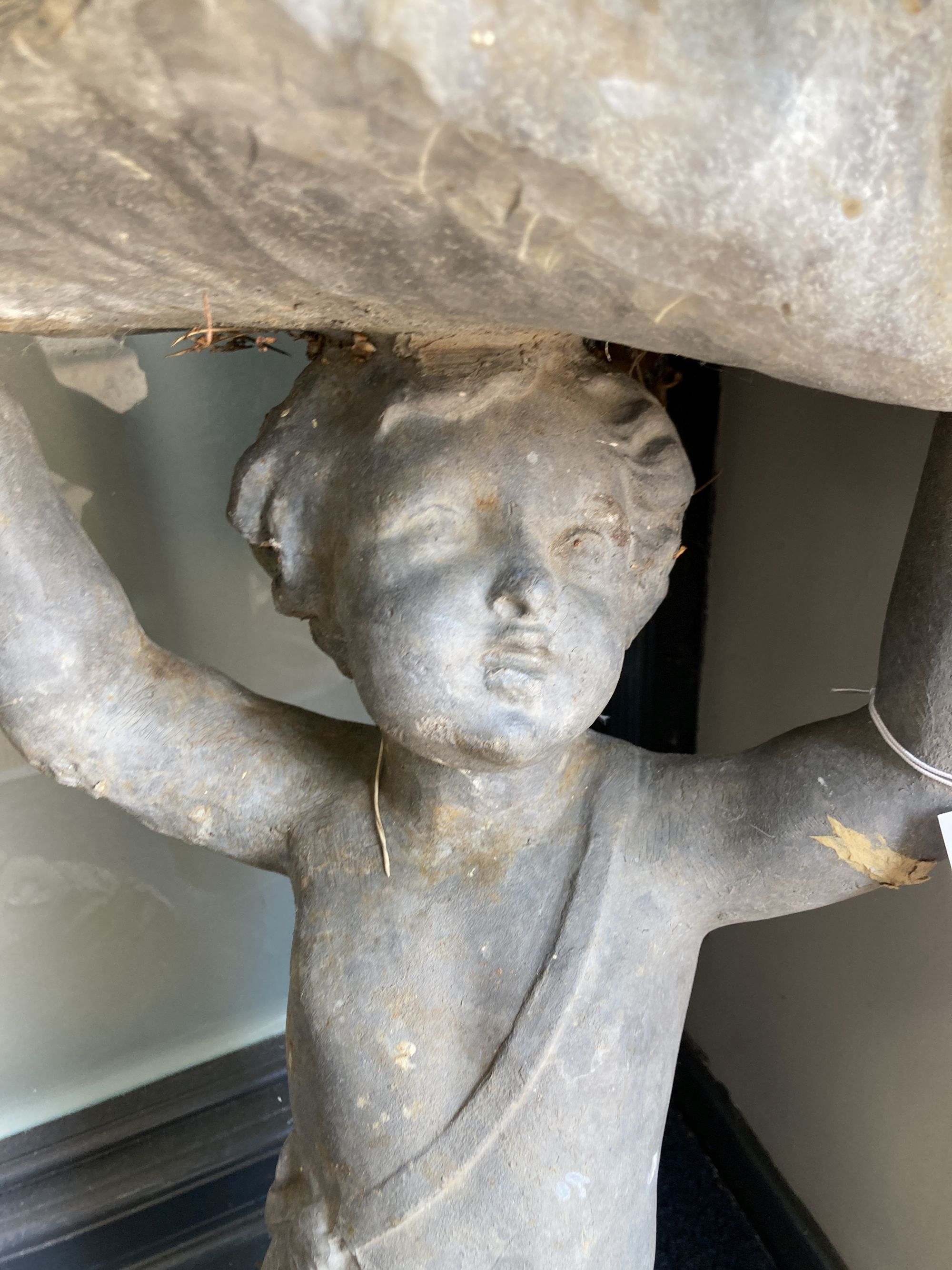 A Victorian lead figural and scallop shell bird bath a.f., height 80cm